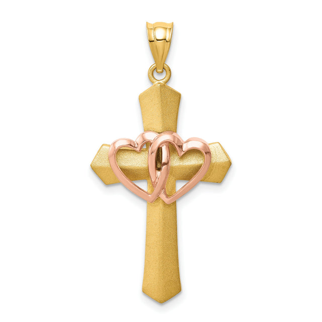 Passion Cross With Double Rose Gold Hearts Charm Pendant in Real 14k Multi-Tone Gold