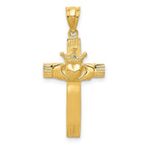 Solid Claddagh Symbol Open-Back Latin Cross Charm Pendant in Real 14k Yellow Gold