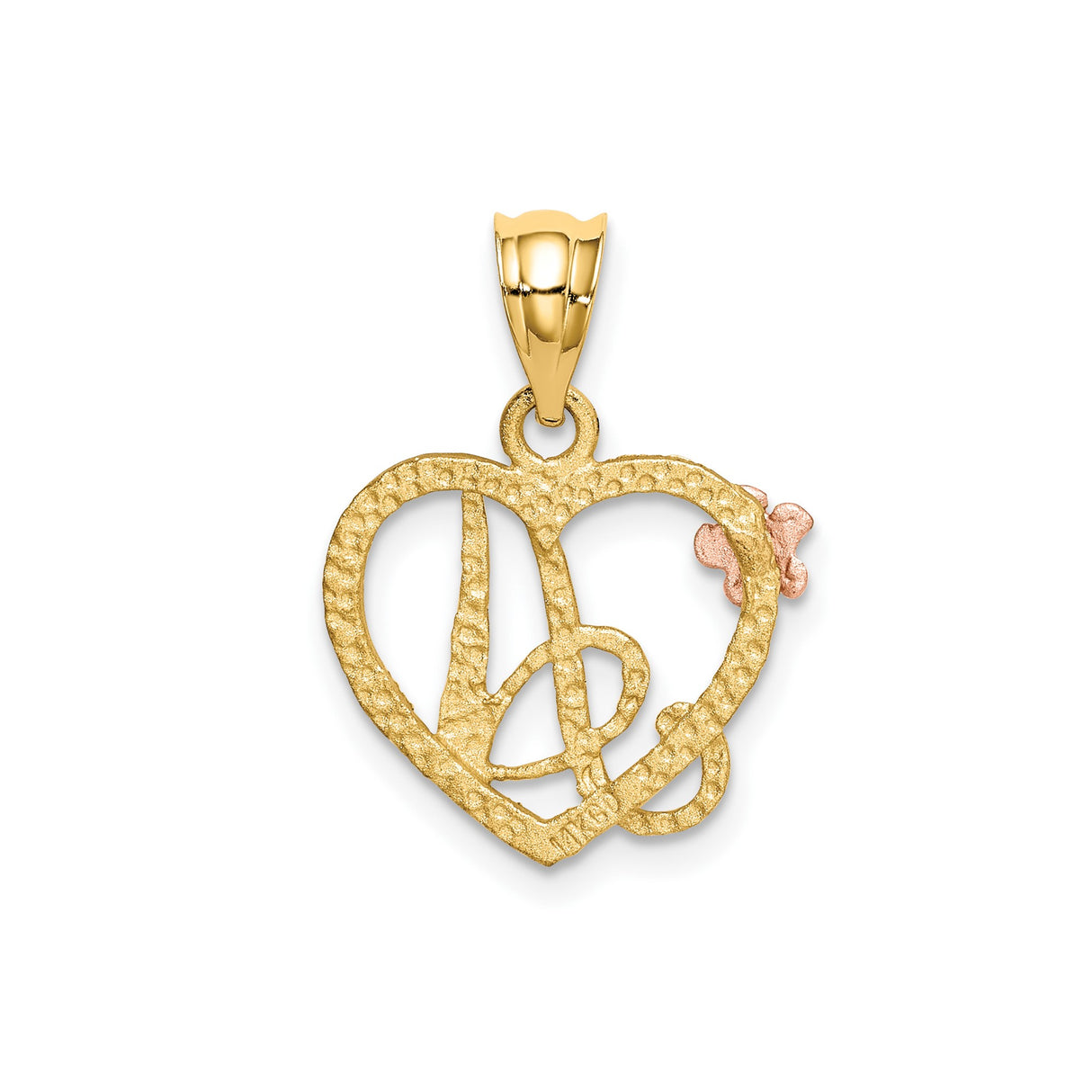 14k Two Tone Gold Heart Pendant with Script Letter A and Rose Accent