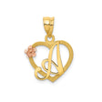 14k Two Tone Gold Heart Pendant with Script Letter A and Rose Accent
