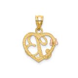 14k Two-Tone Gold Heart Pendant with Cursive Letter B and Rose Accent