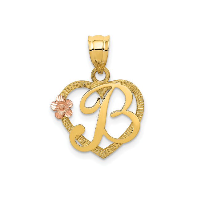 14k Two-Tone Gold Heart Pendant with Cursive Letter B and Rose Accent