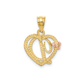 14k Two-Tone Gold Heart Pendant with Script Letter D and Rose Gold Flower Accent