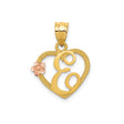 14k Two-Tone Gold Heart Pendant with Script Letter E and Rose Gold Flower Accent