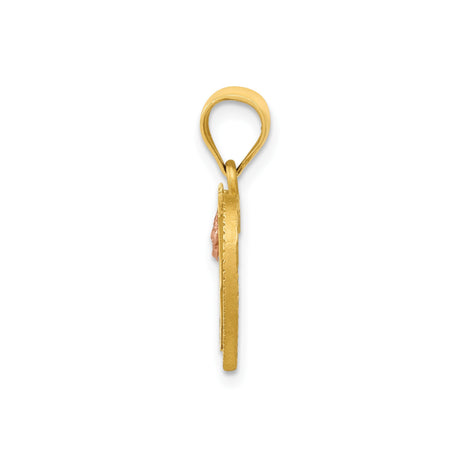 14k Two-Tone Gold Heart Pendant with Script Letter F and Rose Gold Floral Accent