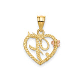 14k Two-Tone Gold Heart Pendant with Script Letter F and Rose Gold Floral Accent