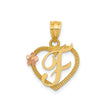 14k Two-Tone Gold Heart Pendant with Script Letter F and Rose Gold Floral Accent