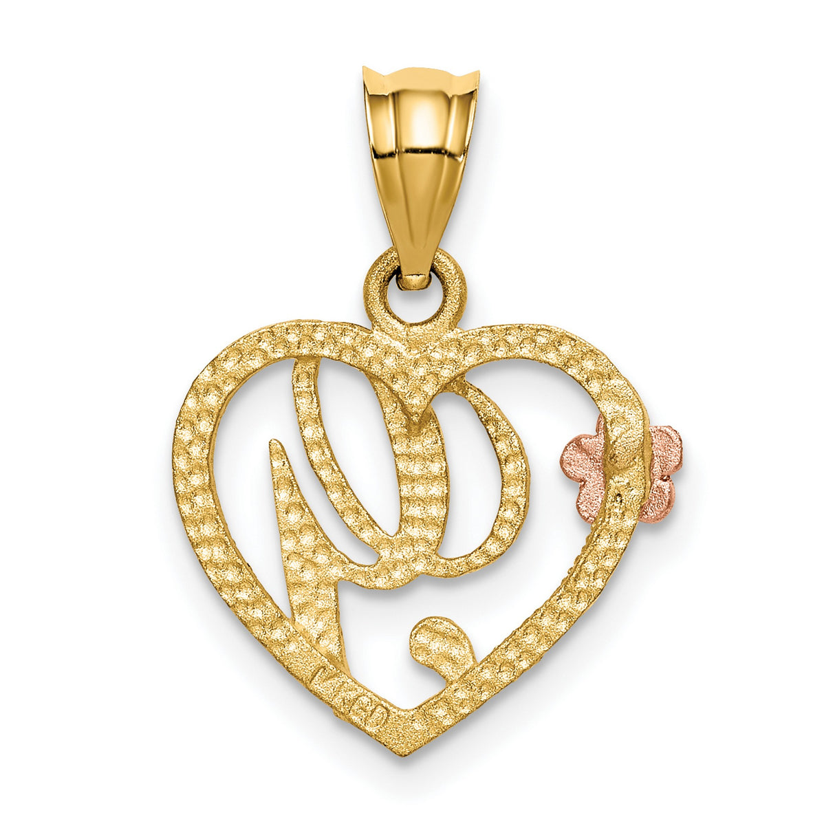 Letter G Initial With Rose Gold Flower Inside Open Heart Charm Pendant in Real 14k Multi-Tone Gold
