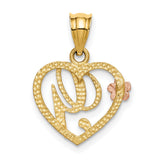 Letter G Initial With Rose Gold Flower Inside Open Heart Charm Pendant in Real 14k Multi-Tone Gold