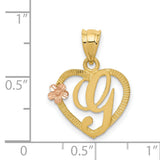Letter G Initial With Rose Gold Flower Inside Open Heart Charm Pendant in Real 14k Multi-Tone Gold