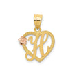 14k Two-Tone Gold Heart Pendant with Scripted Letter H and Rose Gold Flower Accent