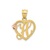 14k Two-Tone Gold Heart Pendant with Scripted Letter H and Rose Gold Flower Accent