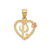 14k Two-Tone Gold Heart Pendant with Scripted Letter J and Rose Accent