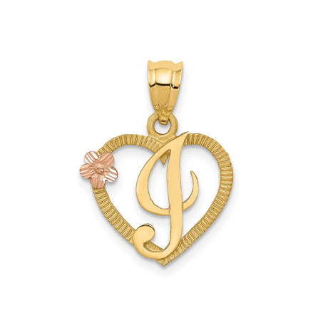 14k Two-Tone Gold Heart Pendant with Scripted Letter J and Rose Accent