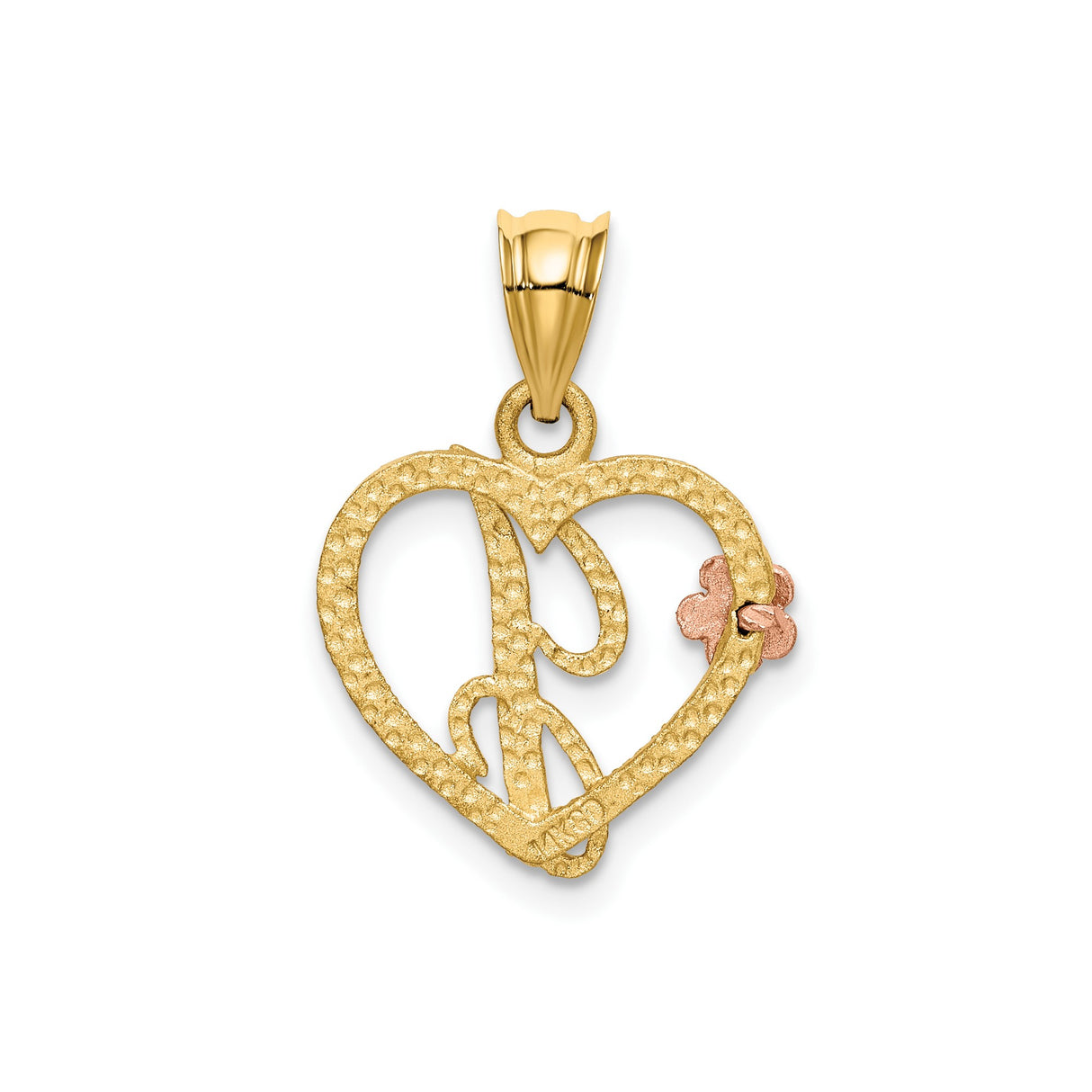 14k Two-Tone Gold Heart Pendant with Rose Gold Flower Accent and Script Letter J Charm