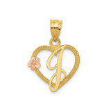 14k Two-Tone Gold Heart Pendant with Rose Gold Flower Accent and Script Letter J Charm