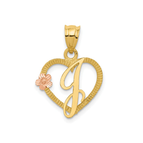 14k Two-Tone Gold Heart Pendant with Rose Gold Flower Accent and Script Letter J Charm