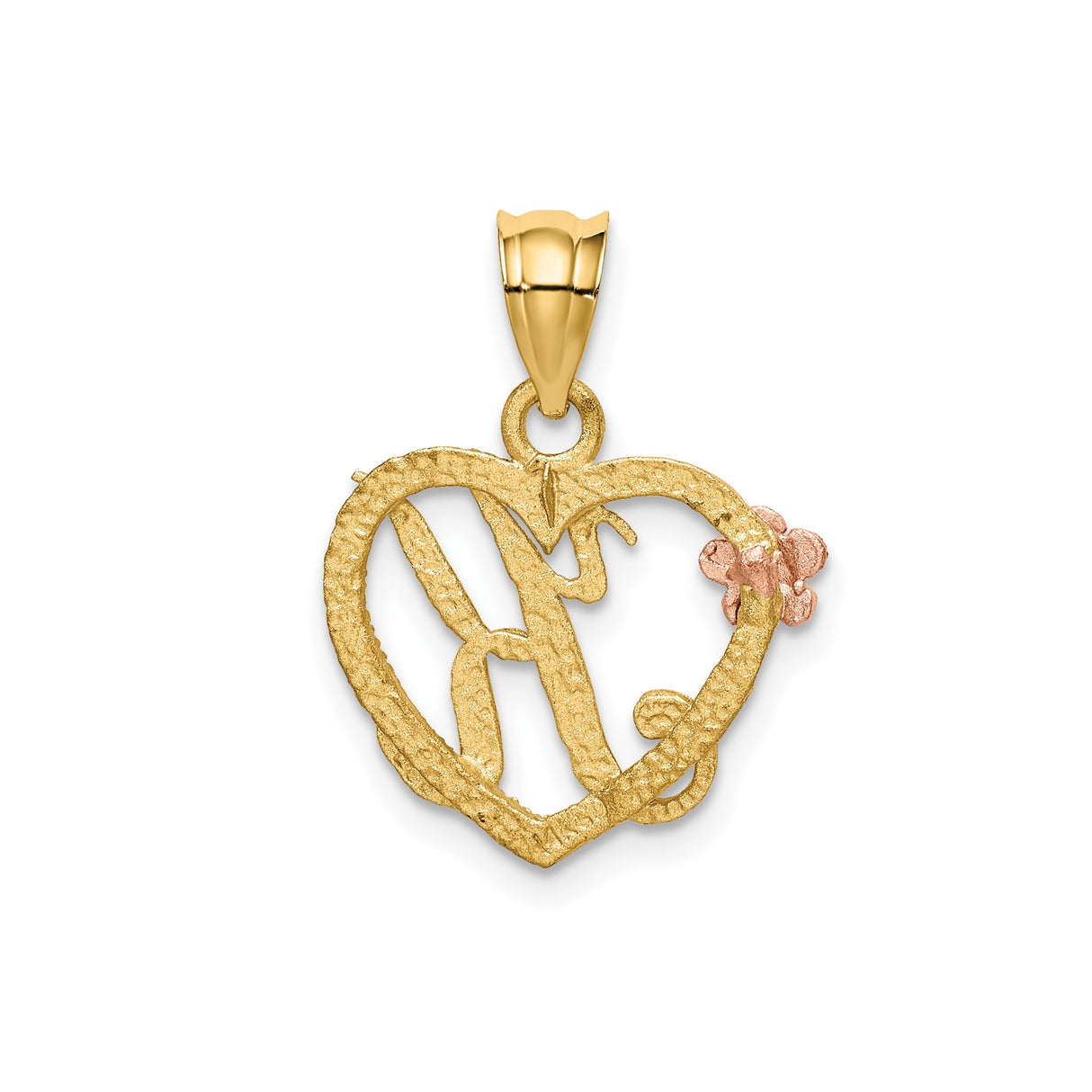 14k Yellow Gold Heart Pendant with Letter K and Rose Gold Flower Accent