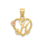 14k Yellow Gold Heart Pendant with Letter K and Rose Gold Flower Accent