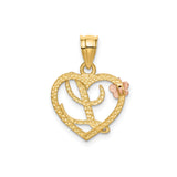 14k Yellow Gold Heart Pendant with Script Letter L and Rose Gold Flower Accent