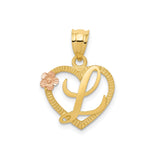 14k Yellow Gold Heart Pendant with Script Letter L and Rose Gold Flower Accent