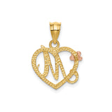 14k Two-Tone Gold Heart Pendant with Script Letter M and Rose Gold Floral Accent