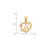 14k Two-Tone Gold Heart Pendant with Script Letter M and Rose Gold Floral Accent