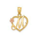14k Two-Tone Gold Heart Pendant with Script Letter M and Rose Gold Floral Accent