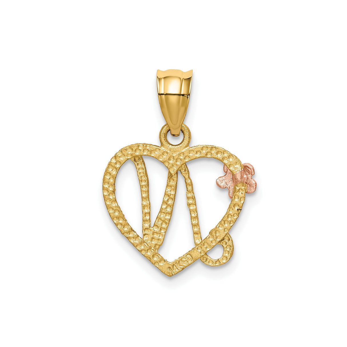 14k Two-Tone Gold Heart Pendant with Script Letter N and Rose Gold Flower Accent