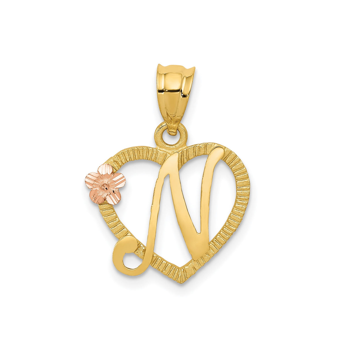 14k Two-Tone Gold Heart Pendant with Script Letter N and Rose Gold Flower Accent