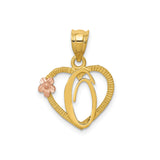 14k Two-Tone Gold Heart Pendant with Letter O and Pink Flower Accent for Women