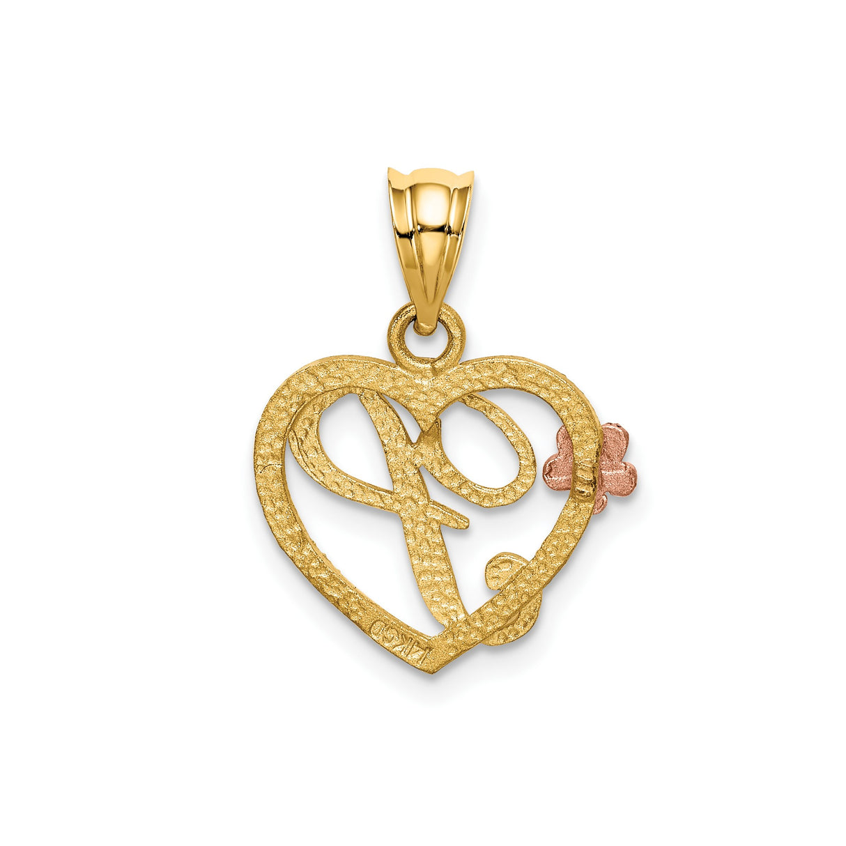14k Two-Tone Gold Heart Pendant with Script Letter P and Rose Gold Flower Accent