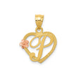 14k Two-Tone Gold Heart Pendant with Script Letter P and Rose Gold Flower Accent