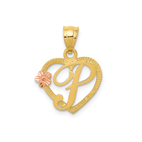 14k Two-Tone Gold Heart Pendant with Script Letter P and Rose Gold Flower Accent