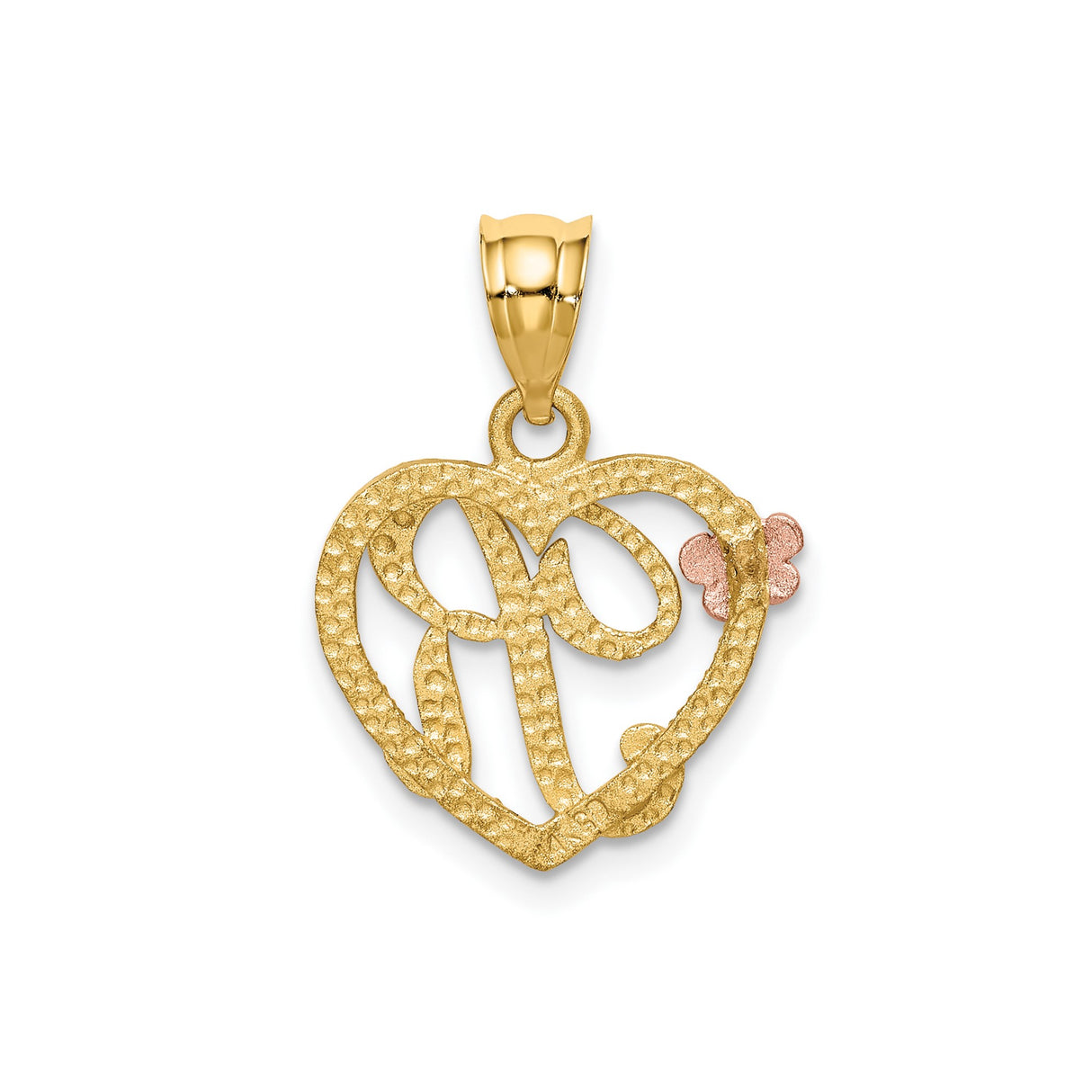 14k Two Tone Gold Heart Pendant with Script Letter R and Rose Gold Flower Accent