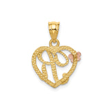 14k Two Tone Gold Heart Pendant with Script Letter R and Rose Gold Flower Accent