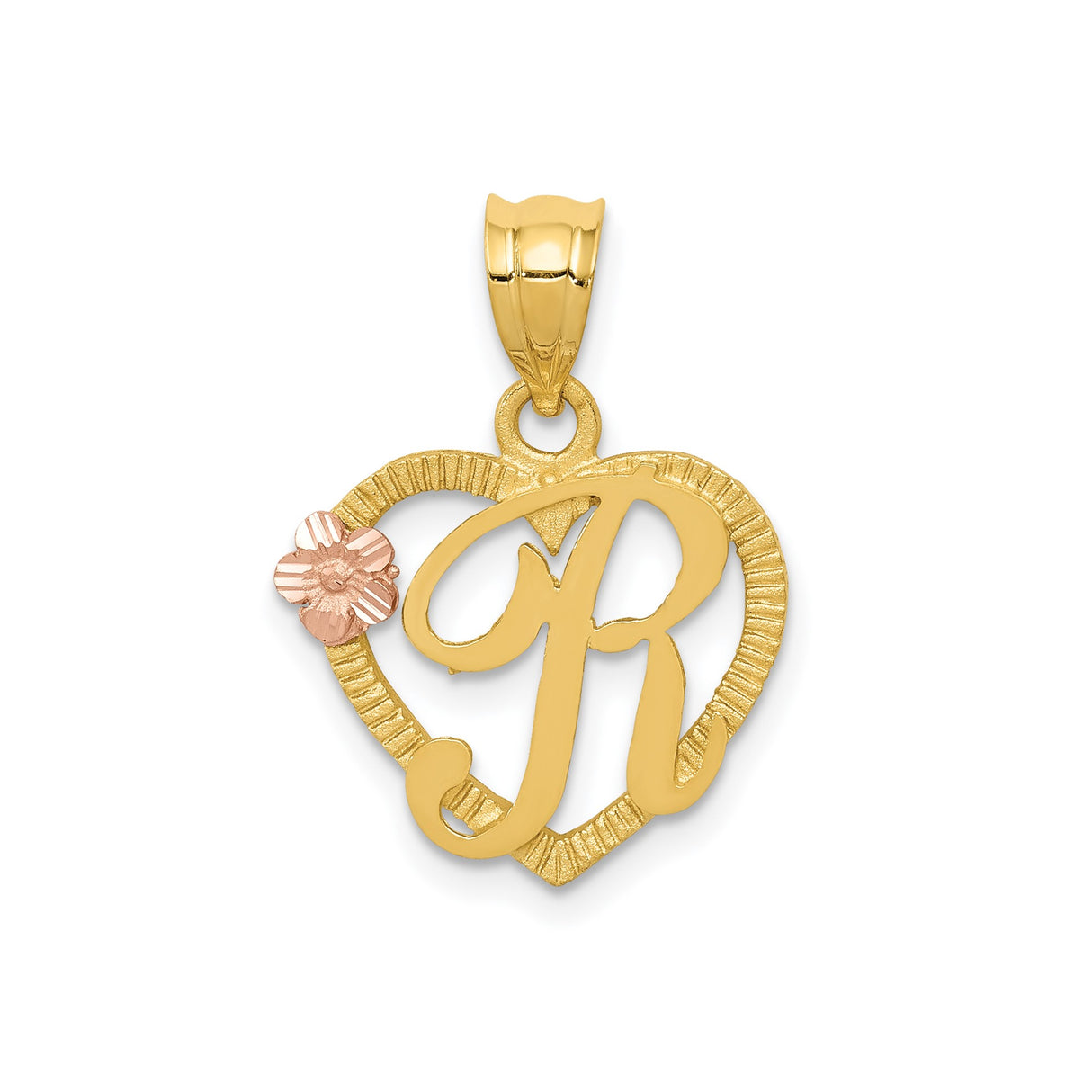 14k Two Tone Gold Heart Pendant with Script Letter R and Rose Gold Flower Accent