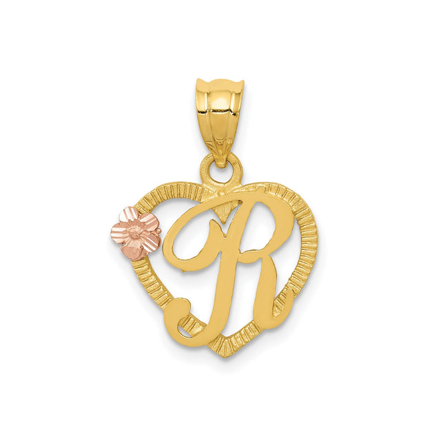 14k Two Tone Gold Heart Pendant with Script Letter R and Rose Gold Flower Accent