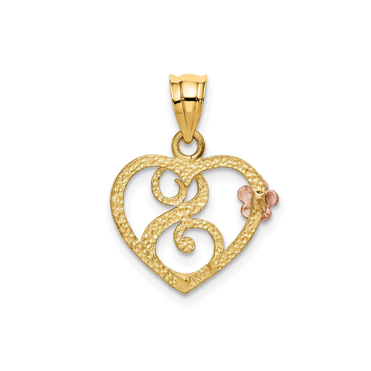 14k Two-Tone Gold Heart Pendant with Script Letter S and Rose Gold Flower Accent