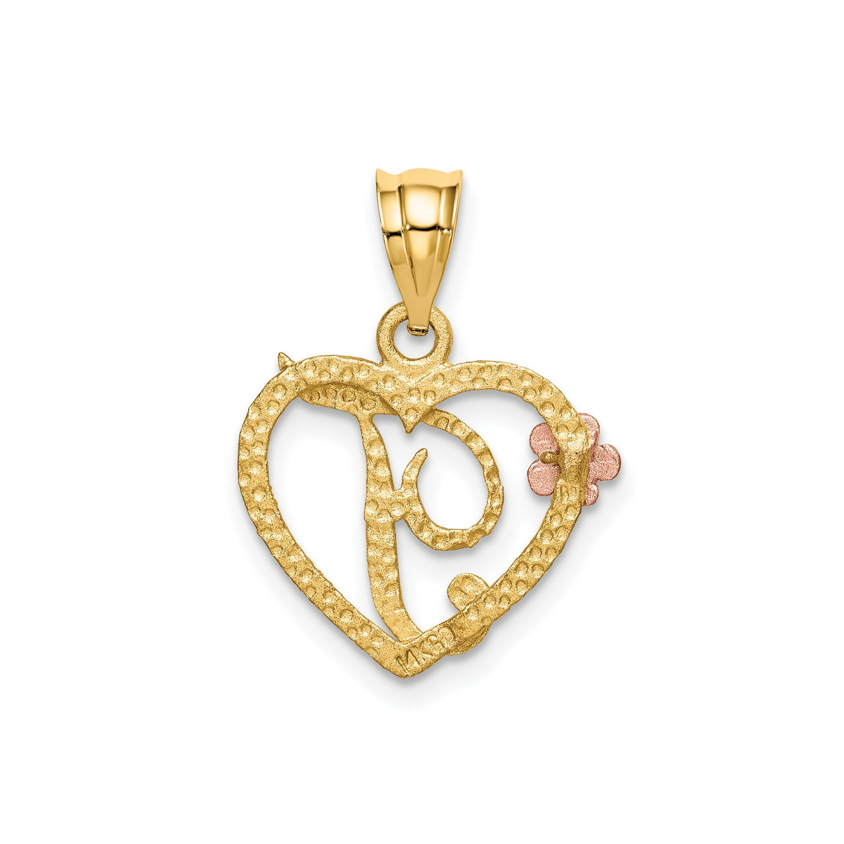 14k Two-Tone Gold Heart Pendant with Script Letter J and Rose Gold Flower Accent