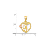 14k Two-Tone Gold Heart Pendant with Script Letter J and Rose Gold Flower Accent