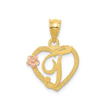 14k Two-Tone Gold Heart Pendant with Script Letter J and Rose Gold Flower Accent
