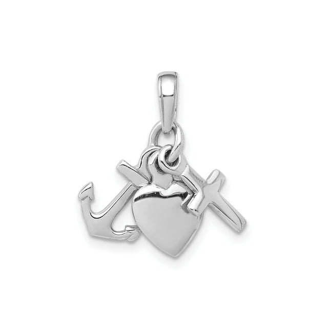 14k White Gold Pendant with Cross, Heart, and Anchor Symbols, Christian Faith Charm