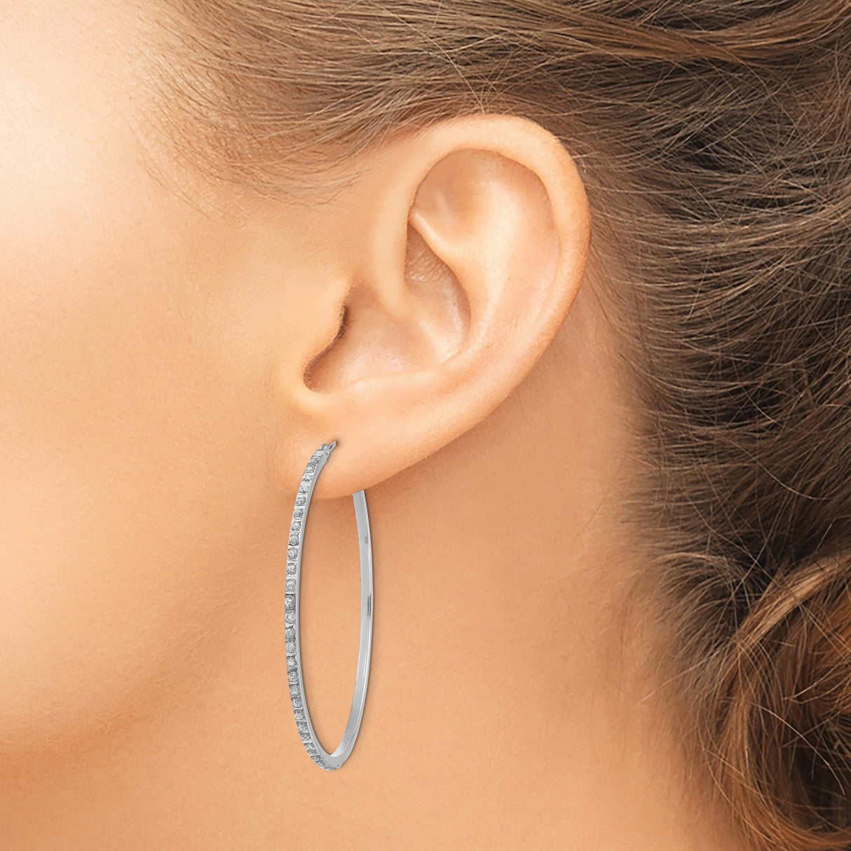14k White Gold Hoop Earrings with Channel Set Diamond, Classic Polished Style for Women