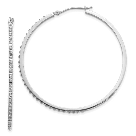 14k White Gold Hoop Earrings with Channel Set Diamond, Classic Polished Style for Women