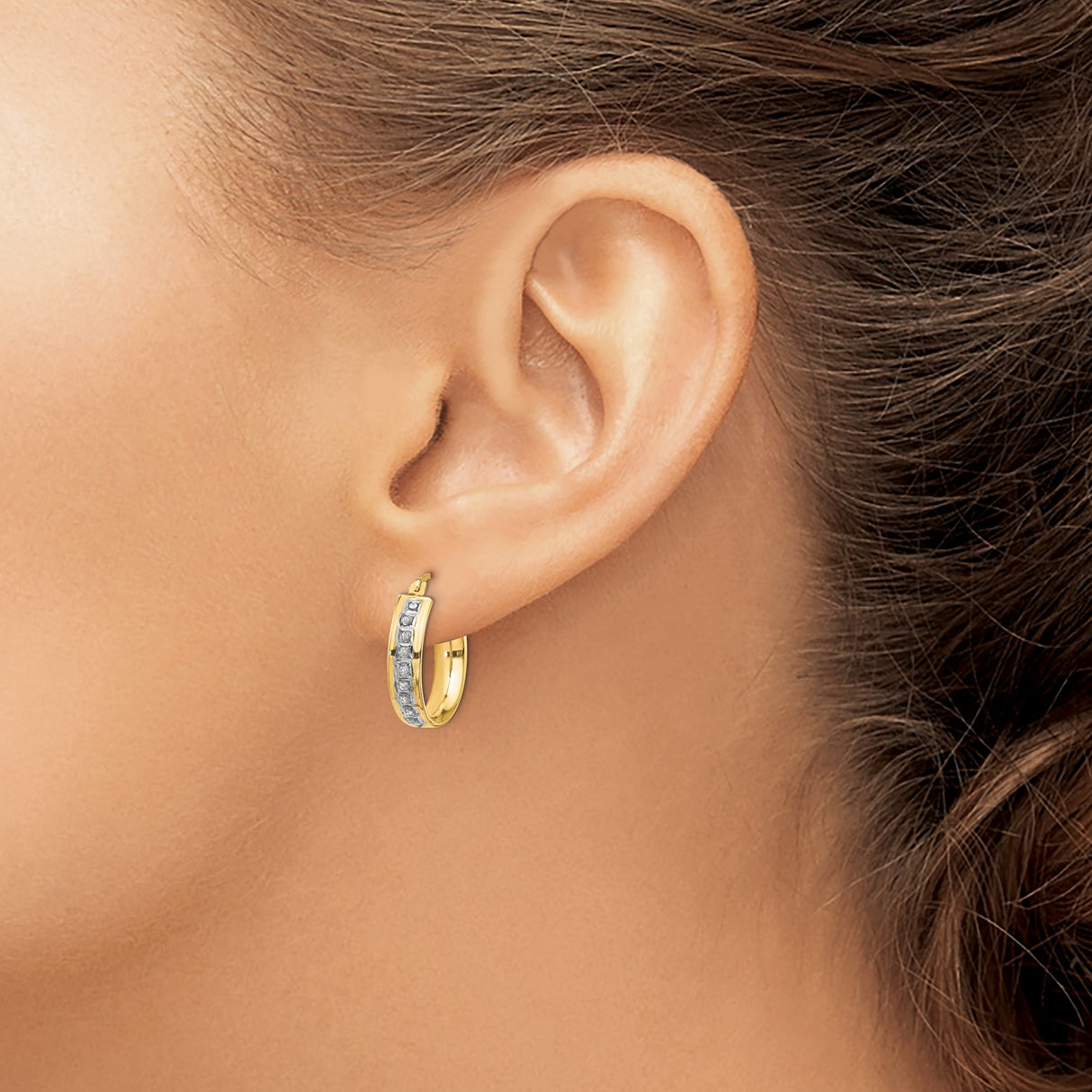 14k Yellow Gold Hoop Earrings with Channel-Set Diamonds, Classic Round Hinged Design