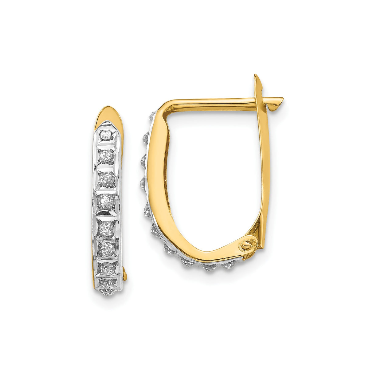 14k Yellow Gold and White Gold Hoop Earrings with Channel Set Diamonds, Two Tone Huggies