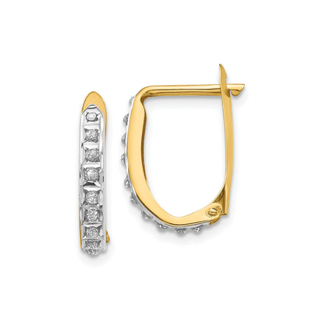 14k Yellow Gold and White Gold Hoop Earrings with Channel Set Diamonds, Two Tone Huggies