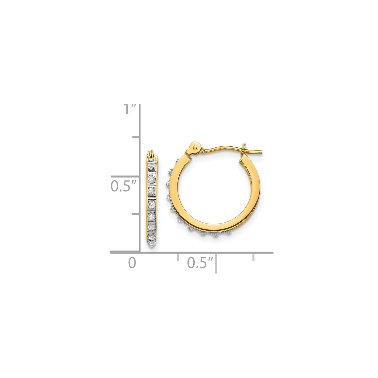 14k Yellow Gold Hoop Earrings with Cubic Zirconia, Two Tone Channel Set, Leverback Closure