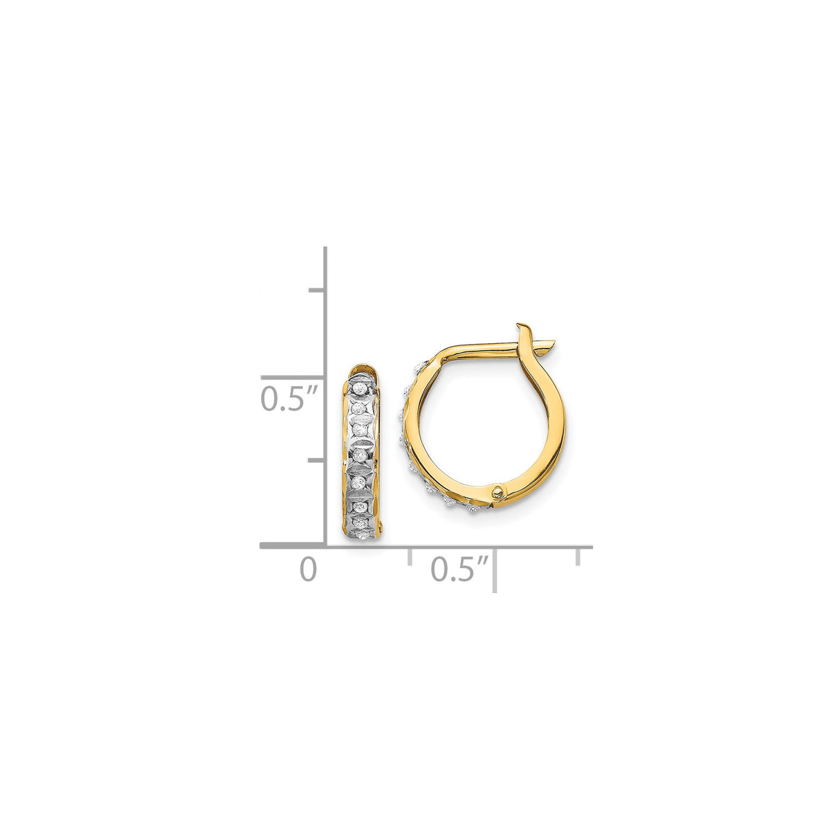14k Yellow Gold Hoop Earrings with Diamond, White Gold Accents, Hinged Small Round Hoops